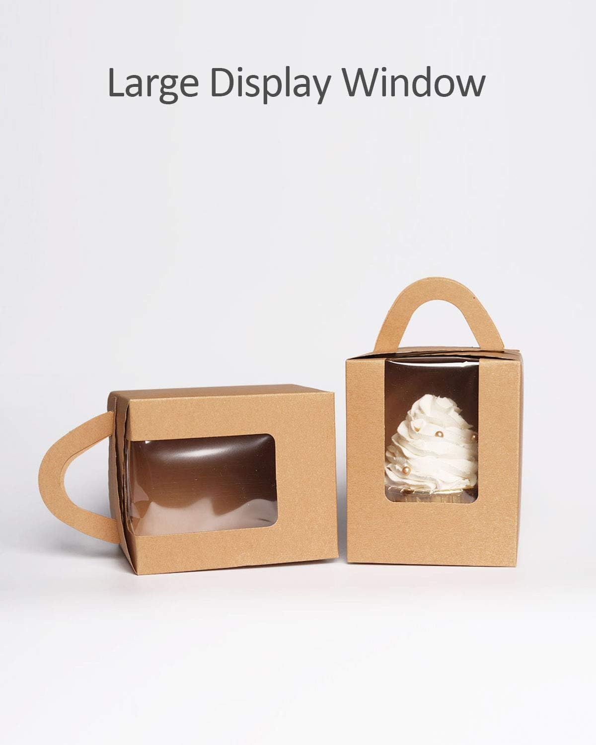 qiqee Kraft Cupcake Boxes 60 Packs Individual Cupcake Holders Disposable Brown Single Cupcake Boxes with Window 3.6 * 3.6 * 4.3inch Cupcake Containers