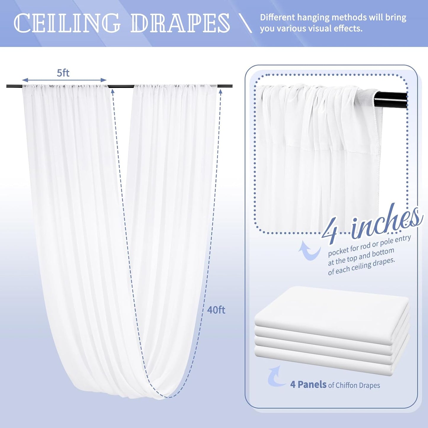 4 Panels White Ceiling Drapes for Wedding 5ftx40ft Chiffon Fabric Arch Draping Curtains Sheer Drapery for Party Ceremony Birthday Baby Shower Reception Stage Ceiling Decorations