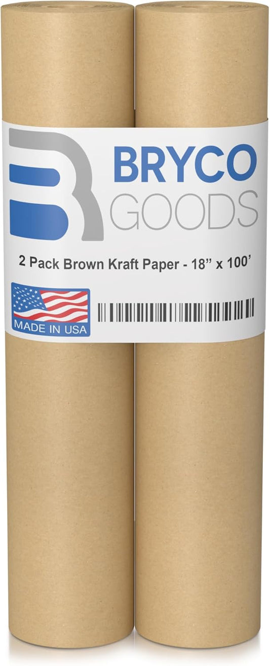 Bryco Goods (Pack of 2) Brown Kraft Packing Paper Rolls - 18" x 100' (1200”) - Moving Supplies, Gift Wrapping, Arts & Crafts, Bulletin Board Paper - Made in The USA