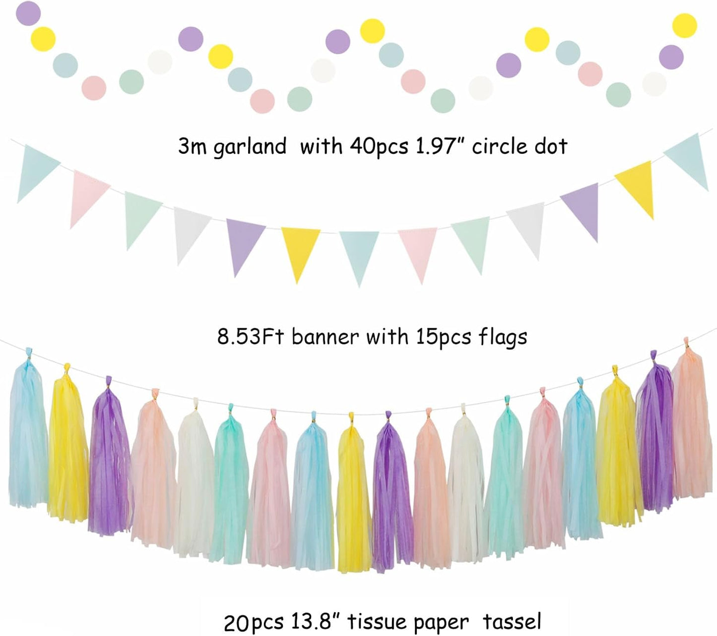 Pastel Rainbow Pink Purple Yellow Peach Party-Decorations - 33pcs Kits Banner,Streamers Tassel Garland,Tissue Pom Poms Honeycomb,Paper Lantern Fans,Birthday Wedding Bridal Baby Shower Decor Hugtmr