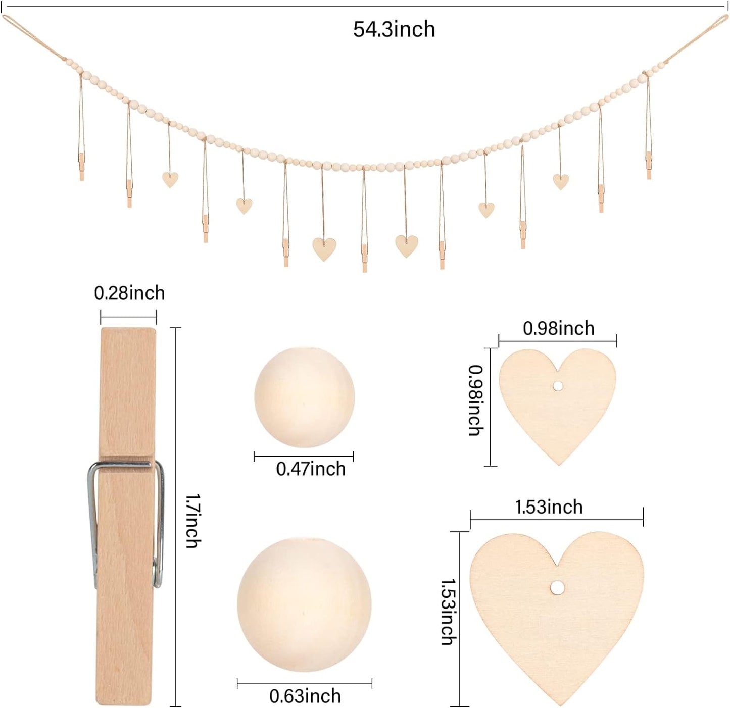 Hanging Photo Display Room Wall Decor, Boho Collage Picture Frame Christmas Cards Holder with 9 Wood Clips and 6 Wooden Hearts Tags, Xmas Card Display for Bedroom, Office, Nursery, Dorm Decor, 2 Pack