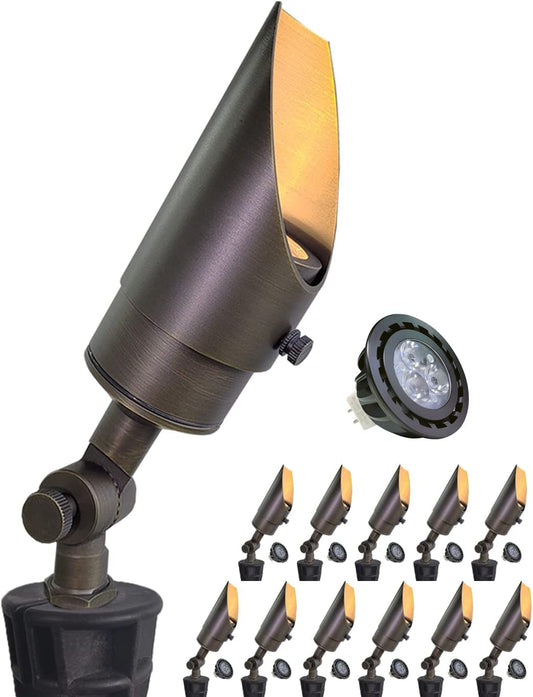 MALORY Brass Landscape Spotlight 12-Pack with MR16 Bulb Kit(S04), Low Voltage 12V AC/DC Shroud Adjustable Outside Yard Lights,PVC Ground Stake and Wire Connector Included, 5W 2700K Warm White
