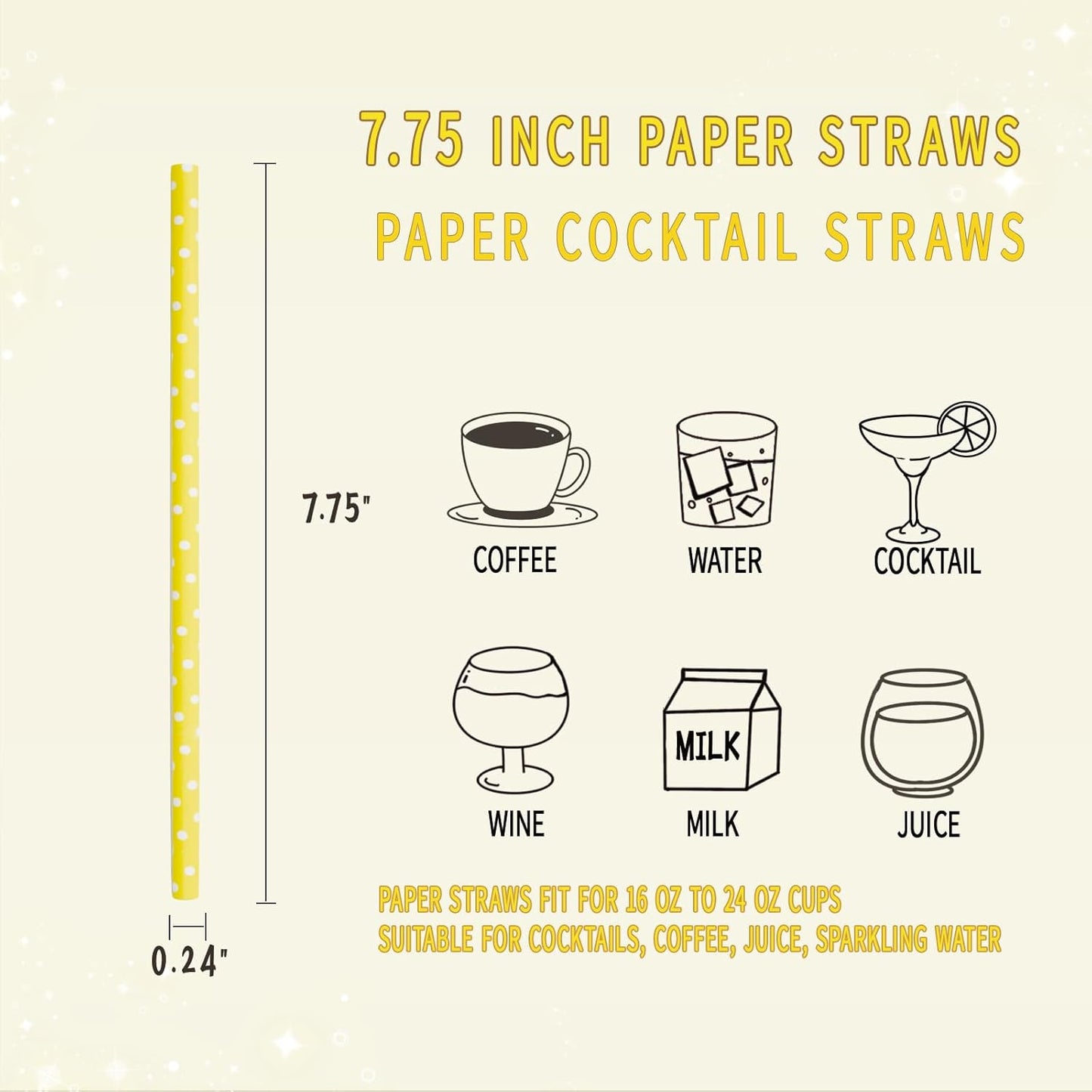 GLUJASBIO Cute Paper Straws Drinking - Pastel Yellow White Dots Paper Straws Bulk for Party, Baby Shower, Dessert Shop, Restaurants, 7.75" x 0.24"