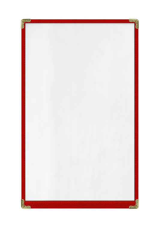 Goodsmart Restaurant Menu Covers – 25 Pack Red 2-View, Top-Loading Menu Holders, Vinyl & Plastic Café Menu Covers, Clear Menu Sleeves, Fits 8.5" x 14", Leather-Style Design, Gold Corners