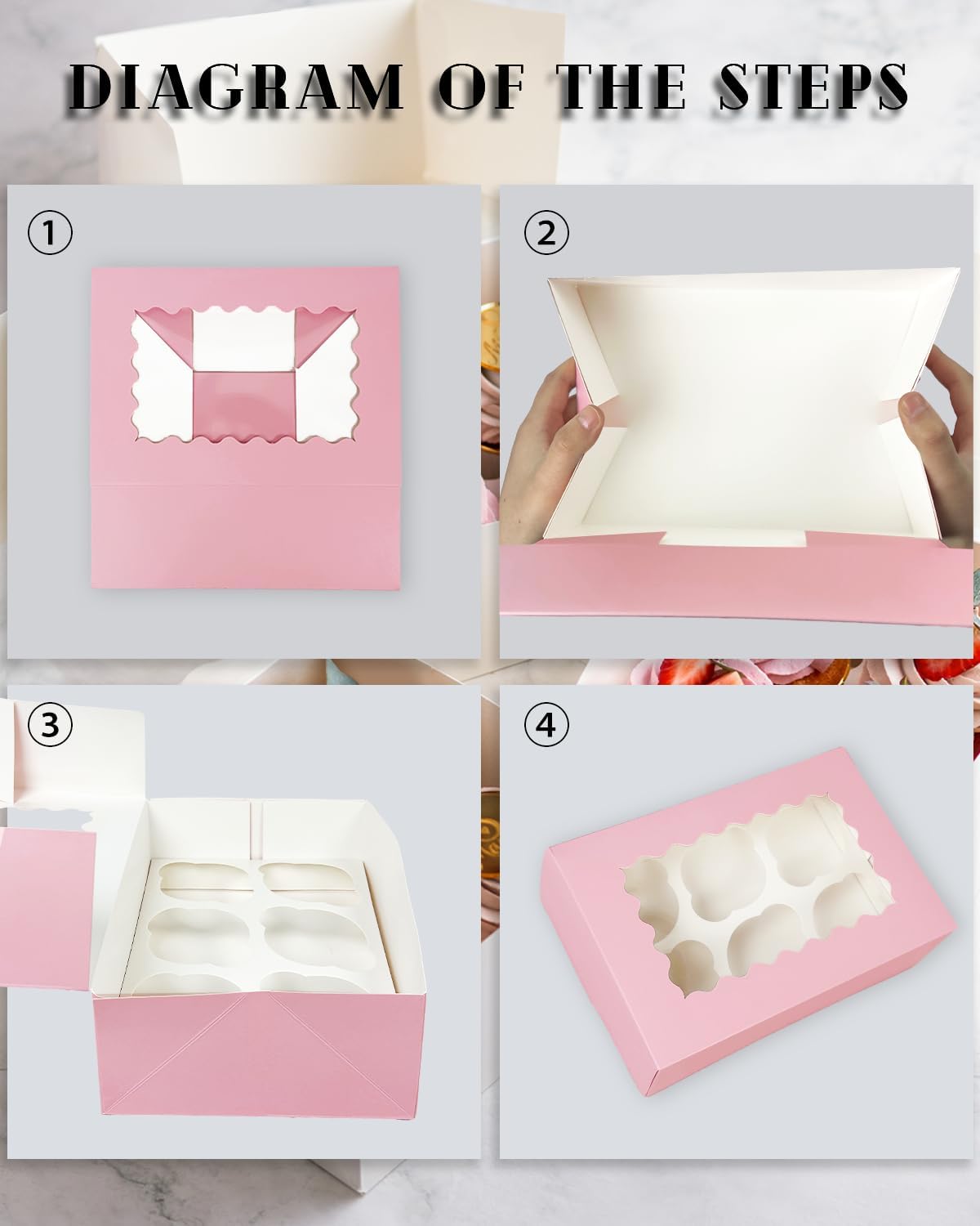 Bakepacker Auto-pop up 6 Cupcake Boxes with Window 20 Count Pink Box 9.4 x 6.1 x 3 inch Cupcake Carrier