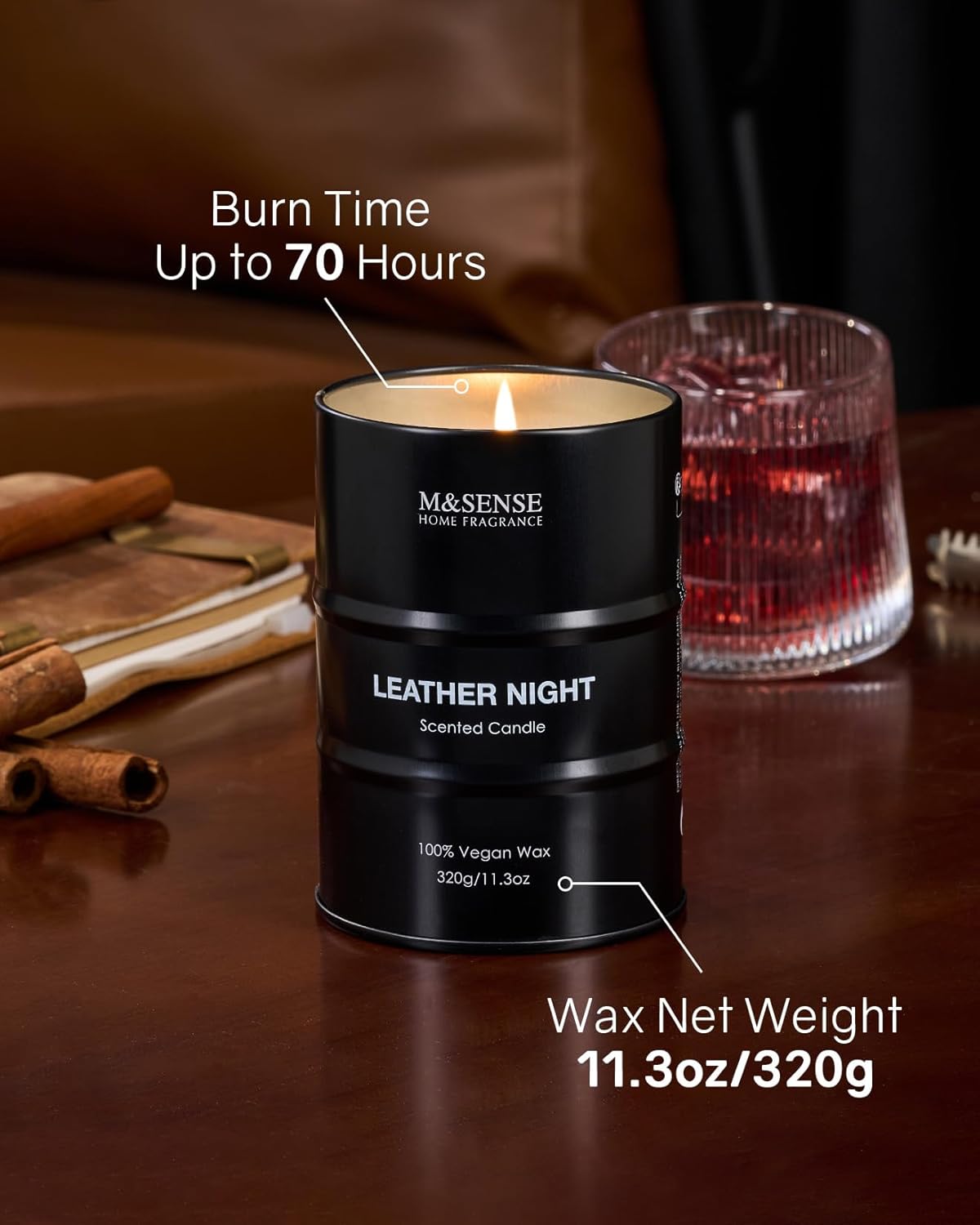 M&SENSE Scented Candle, Leather Medium Jar Candle Gifts for Men, 70 Hours Slow Burning Natural Soy Candles 11.3oz, Stress Relief Aromatherapy Candles Home Decor, Valentines Day Gifts for Him