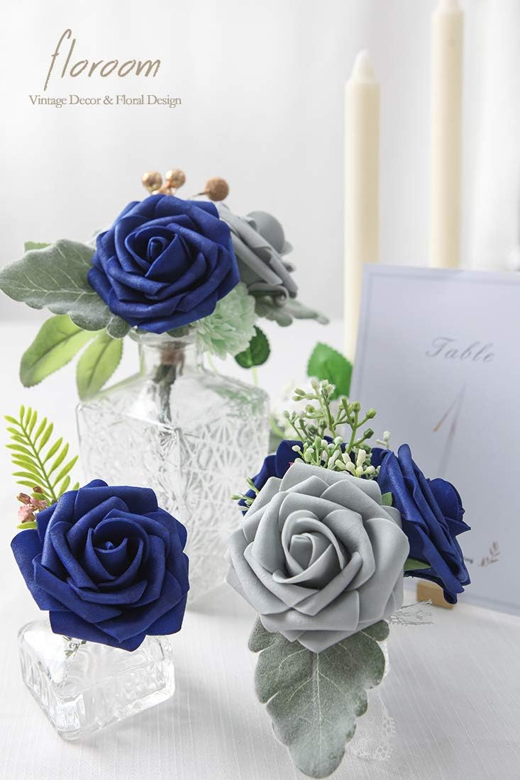 Floroom Artificial Flowers 50pcs Real Looking Royal Blue Foam Fake Roses with Stems for DIY Wedding Bouquets Bridal Shower Centerpieces Floral Arrangements Party Tables Home Decorations