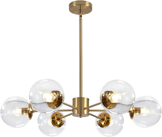 KCO Lighting Modern 6-Light Sputnik Chandelier with Clear Glass Globe Mid Century Adjustable Ceiling Pendant Light Gold Brass Flush Mounted Fixture