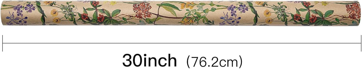RUSPEPA 30" X 32.8' Wildflower Floral Wrapping Large Kraft Paper Roll for Women, Jumbo Roll, Herbal Kraft Wrapping Paper for Christian Gifts, Birthdays, Weddings, Bridal Shower, Engagement, 82 sq.ft
