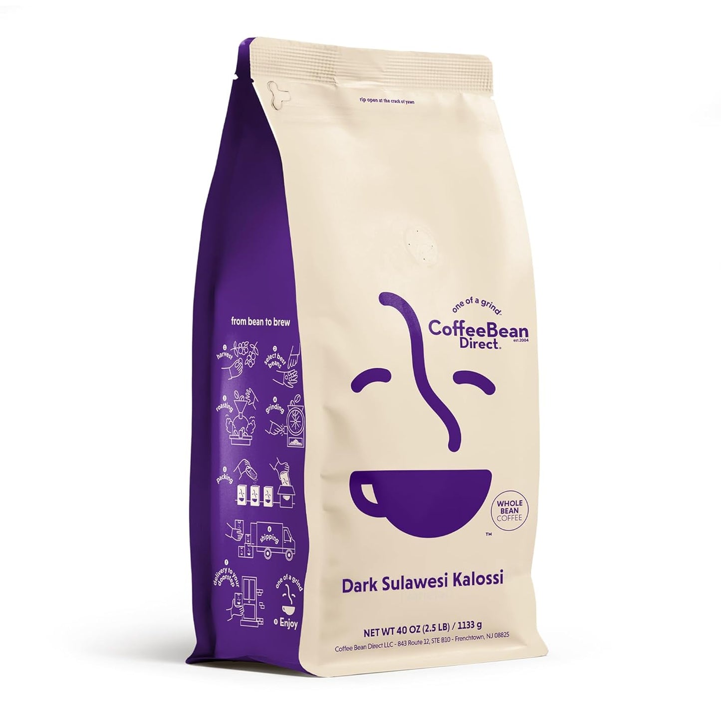 Coffee Bean Direct Dark Sulawesi Kalossi, Whole Bean Coffee, Arabica Coffee, Dark Roast, 2.5 Pound Bag (Pack of 1)