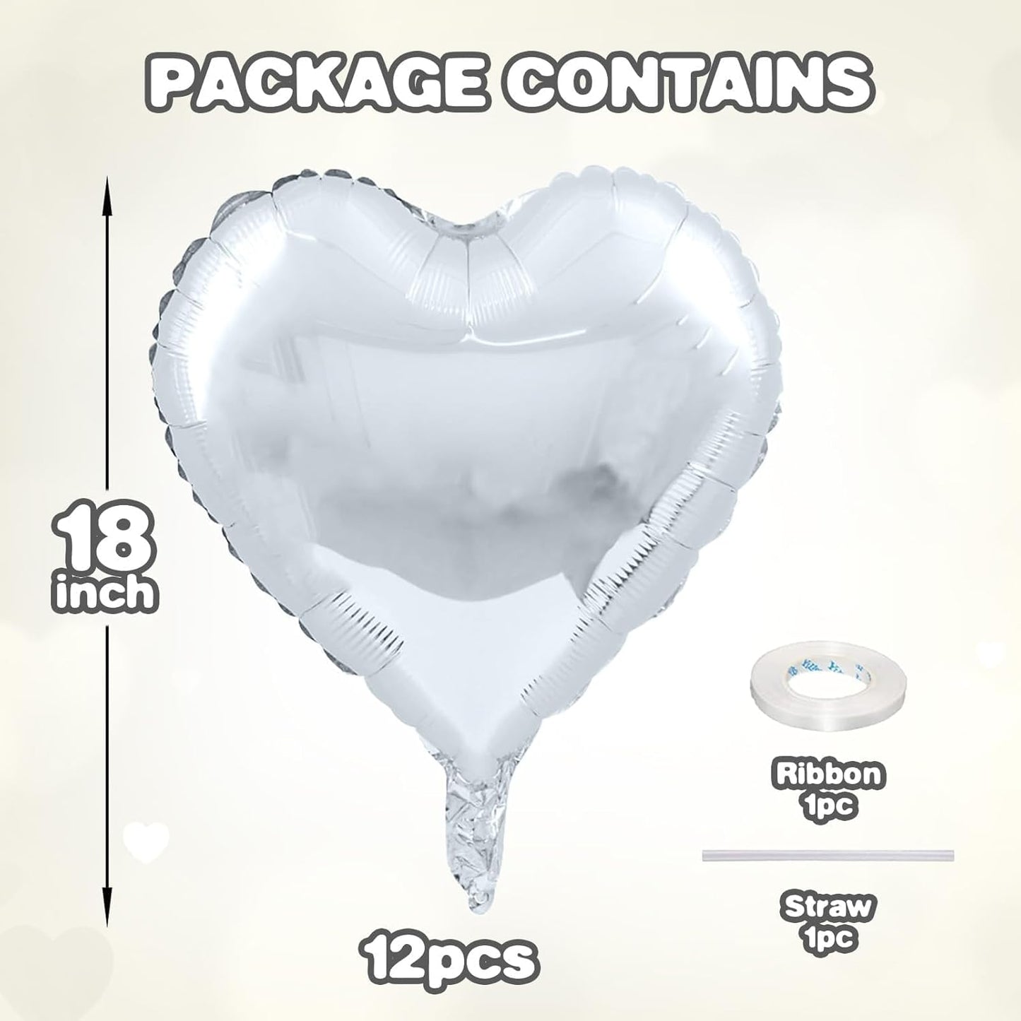 12 Pcs Heart Balloons, 18 inch Silver Heart Shaped Balloons, Big Foil Helium Balloon, Love Foil Balloon for Wedding Baby Shower Anniversary Backdrop Valentine Party Decorations