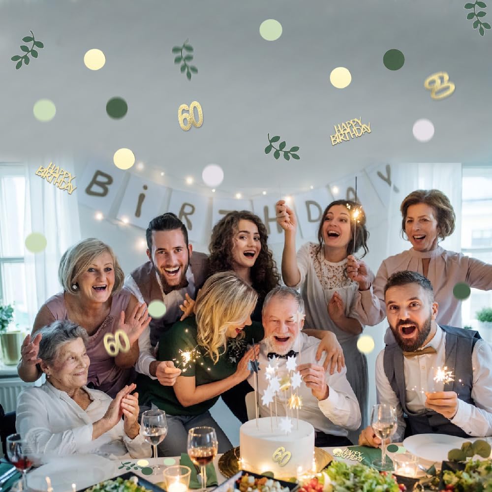Sage Green 60th Happy Birthday Confetti, 60th Birthday Table Decorations Scatter Green Gold Foil Cake Confetti Decorations for 60 Bday Woman Men Party Decor 230 Pcs