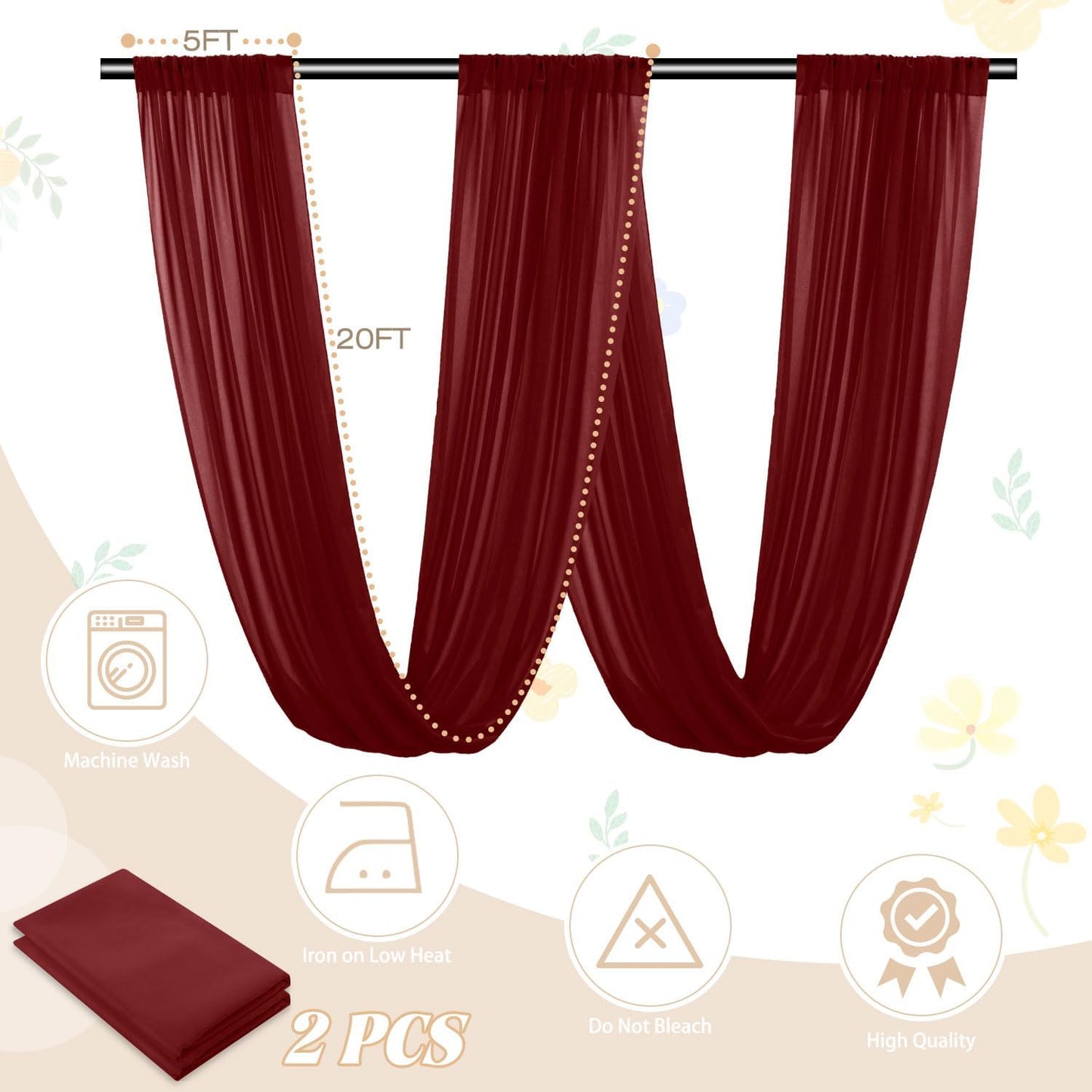 FUHSY Ceiling Drapes Wedding Arch Draping Fabric Chiffon Fabric Drapery Burgundy Chiffon Curtains for Backdrop 5FTx20FT 2 Panels Arch Decorations for Ceremony Party Wedding Archway Ceiling Curtains