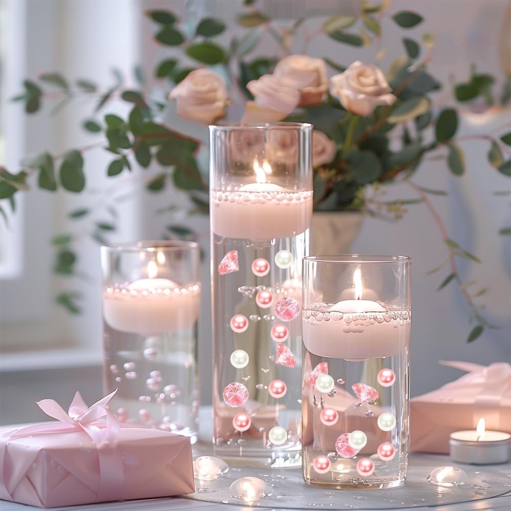 HappyFiller 1075 PCS Floating Pearl Beads,Gems for Centerpiece,Vase Filler Fink Faux Pearls Fake Crystal Diamonds,Table Candles Party Wedding Decoration 14 OZ