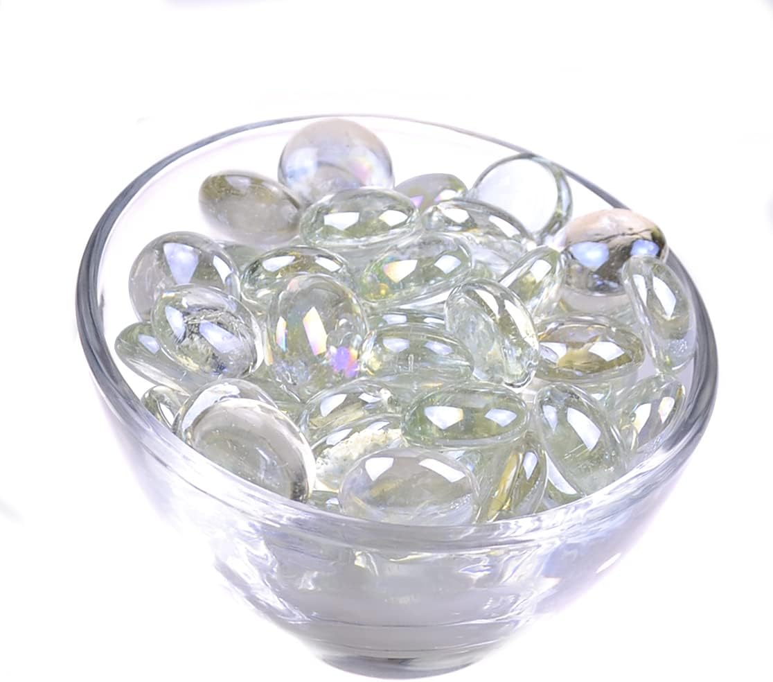 KINGOU Flat Glass Gems/Marbles/Stones/Beads for Vase Filler, Table Scatter, Games - 1 Lbs (17-19mm, Approx. 3/4") (Clear, Standard)