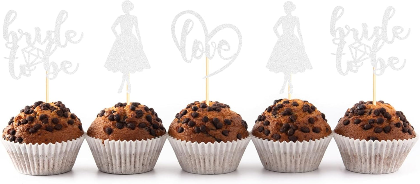 Sotpot 24PCS Bride to Be Cupcake Toppers with Heart Silver Glitter Dress Bridal Shower Cupcake Picks for Wedding Bridal Shower Wedding Engagement Party Cake Decorations