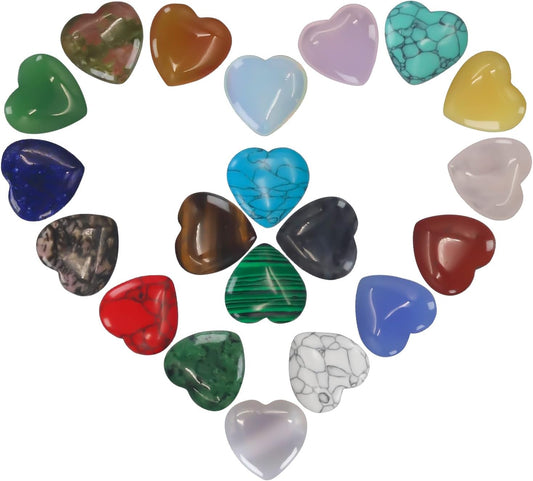 Rose Quartz Crystals,Virekm 20PCS Heart Healing Crystals Amethyst Heart Love Stones Set Palm Thumb Gemstones Chakra Reiki Balancing Gifts for Men Women (Colorful - 20 PCS)