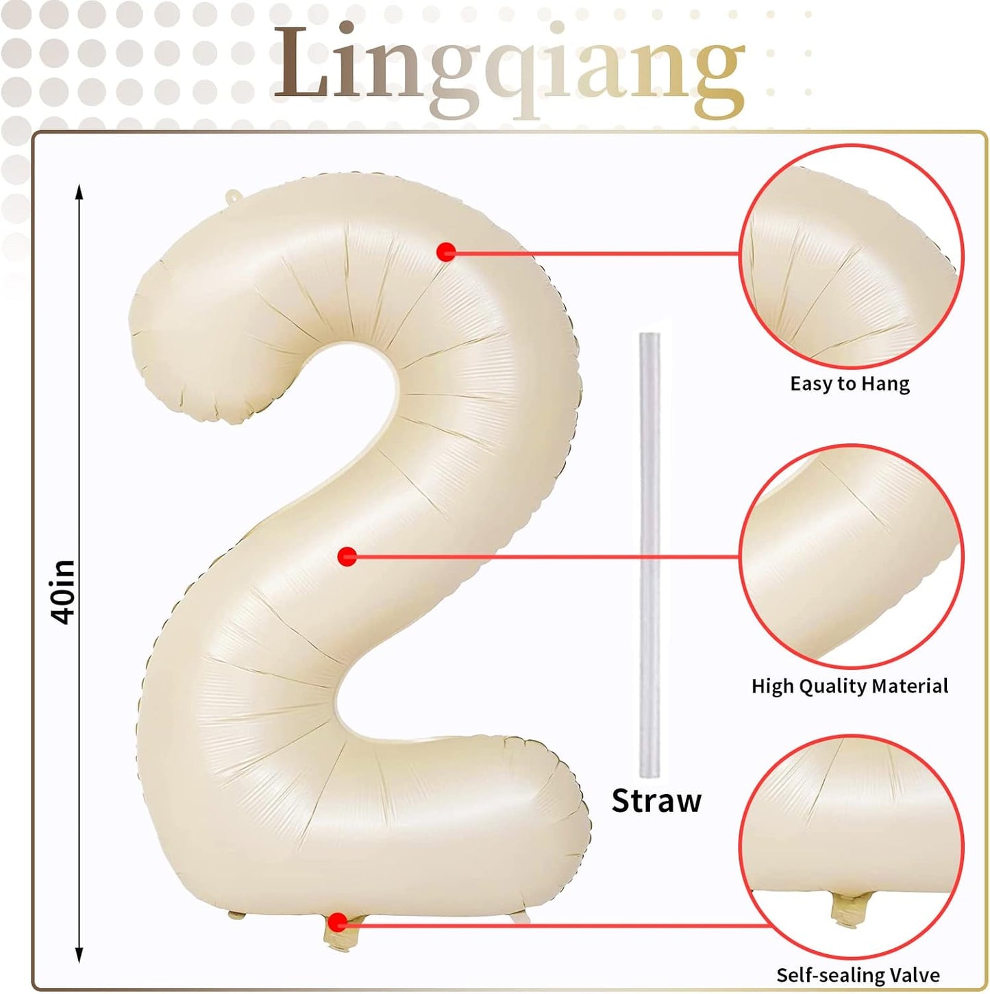 Cream 2 Balloons, 40 Inch Giant Helium Foil Number 0-9 Beige 2th Birthday Balloon for Boys Girls, Self Inflating White Sand Digit 2 Balloons for Women Men Anniversary Party Decorations Supplies