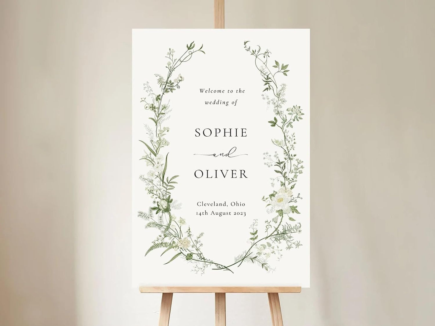 Personalized Wedding Welcome Sign, Greenery White And Green Floral Wedding Sign Signage 12" X 18" (Small), 27" (Medium), 36" (Large), Plastic, Modern, Pole Mount, Weather