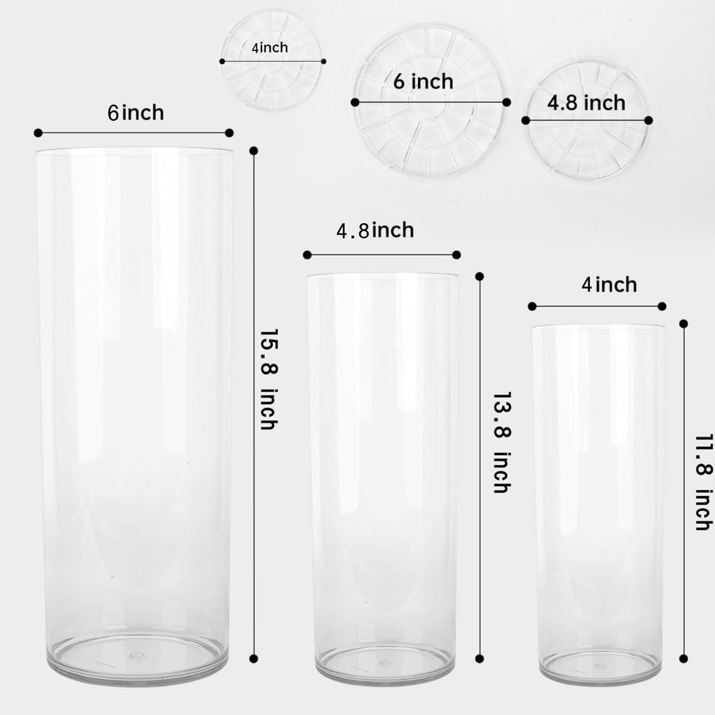 3 Large Acrylic Cylinder Clear Vase for Centerpieces, Hurricane Unbreakable Tall Big Wide Mouth Flower Vases for Birthday Wedding Bouquet Decor (D 6" X H 15.8", D 4.8", D 4" + 3 Holder)
