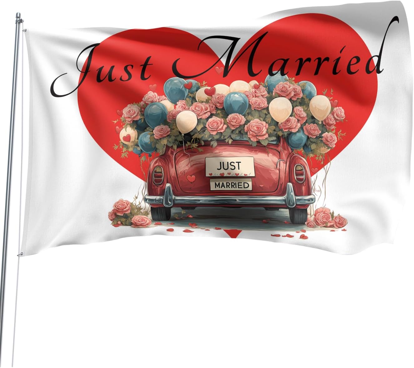Heart Just Married Flag Banner Outdoor Indoor Decoration Flag 3x5 FT Double Stitched Polyester with Brass Grommets (White)