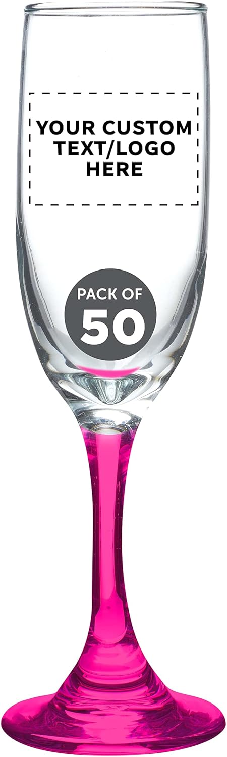 DISCOUNT PROMOS Custom Premiere Champagne Flutes 6.25 oz. Set of 50, Personalized Bulk Pack - Elegant Drinkware for Weddings, Events, & Promotional Gifts - Pink