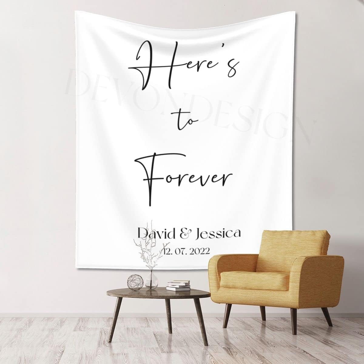 Here's to Forever Rustic Backdrop, Custom Tapestry with Names and Date, Personalized Calligraphy Banner for Ceremony, Reception Backdrop, Wedding Arch