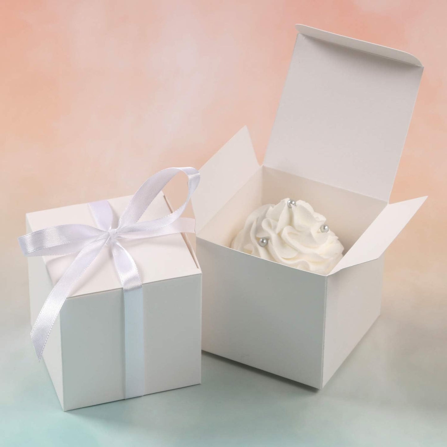 COTOPHER 60pcs Wedding Favor Boxes, Paper Gift Boxes 3x3x3 Inches Small Gift Boxes with Ribbons Small Boxes for Gifts, Crafting, Cupcake, Candy, Bridesmaid Proposal Boxes，Easy Assemble Boxes (White)