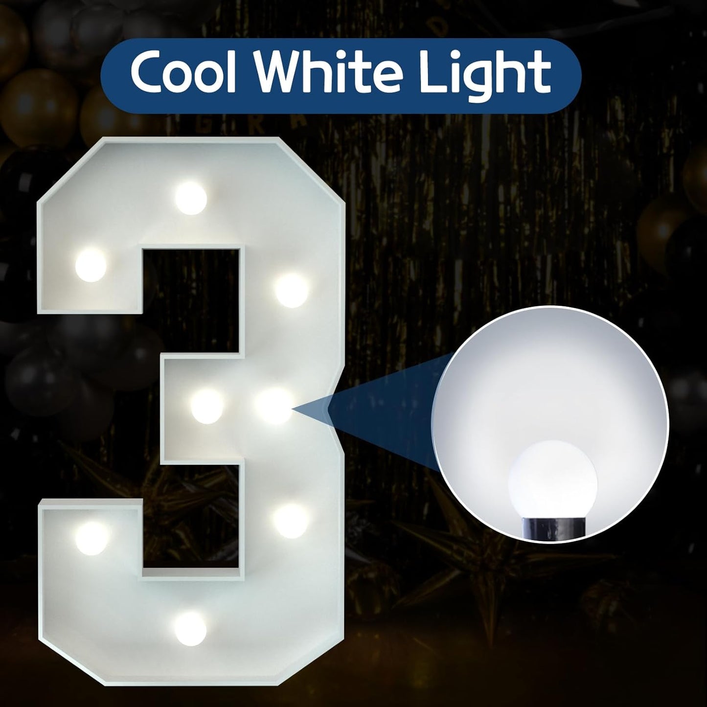 Marquee Numbers 3 Feet Tall Big Light Up Numbers 3rd 13th 30th Happy Birthday Decorations Girl Boy White Anniversary Party Decor Large Cardboard Prop Backdrop Sign 3