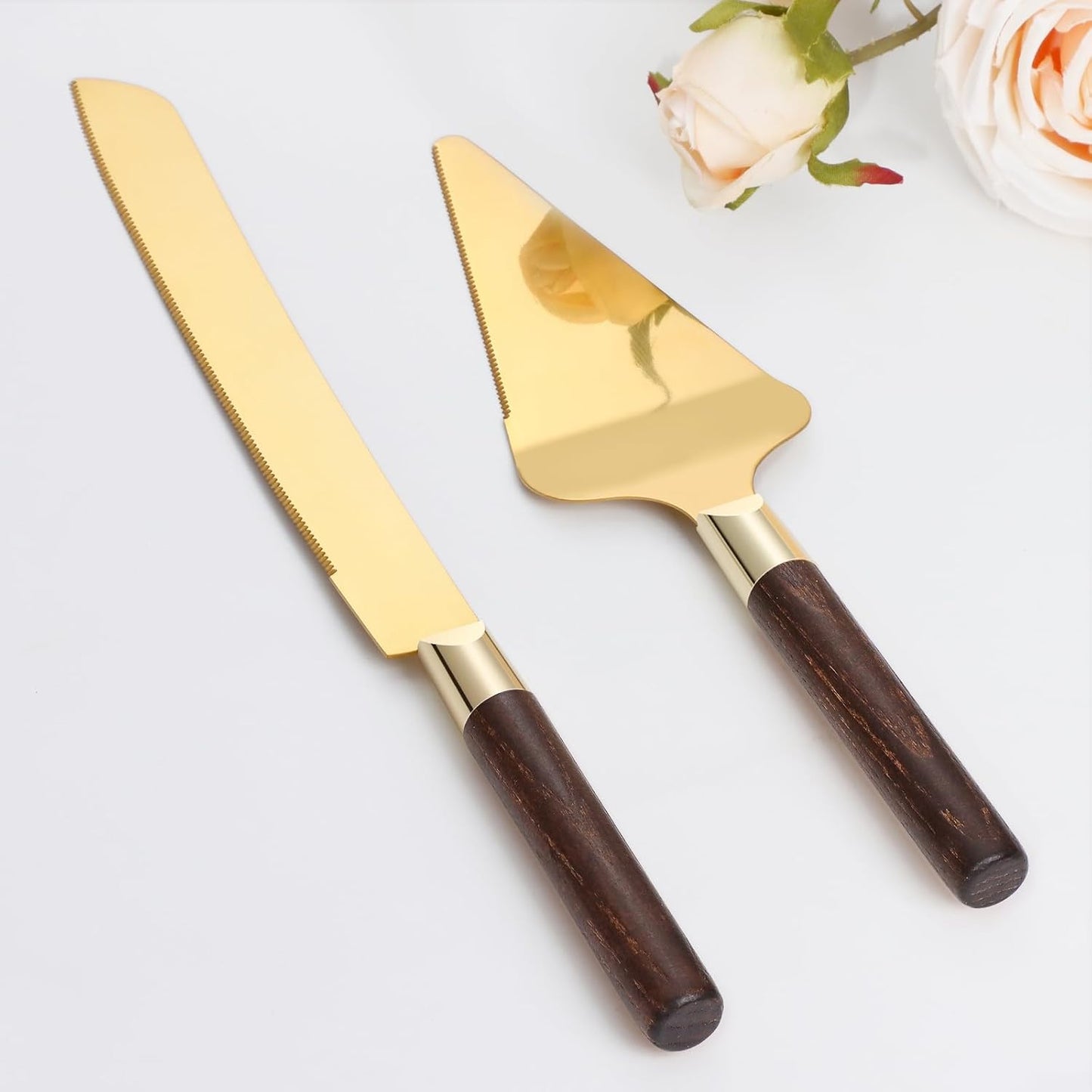 Gold Cake Cutting Set for Wedding, Wood Cake Knife and Server Set, Vintage 2-Piece Pie Cutter Set, Serrated Pizza Dessert Utensils, Bridal Birthday Quinceañera Gift (Walnut color)