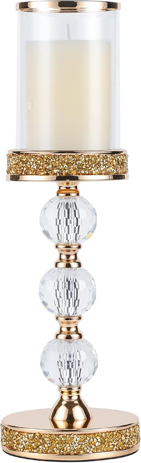 Hurricane Glass Candle Holders, Gold Pillar Candle Holders for Pillar Candle, Magnetic Glass Cover, Crystal Candlesticks Holder for Dining Coffee Table, Wedding,Events,Parties, Home Decor