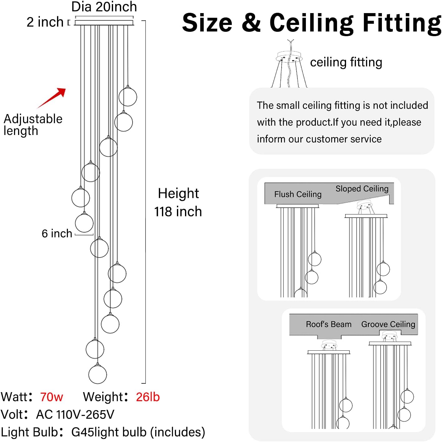 H118 Large Chandeliers for High Ceilings,12-Lights Mid Century Globe Chandelier Black Modern Globe Pendant Light for Entryway Villas and Stairs