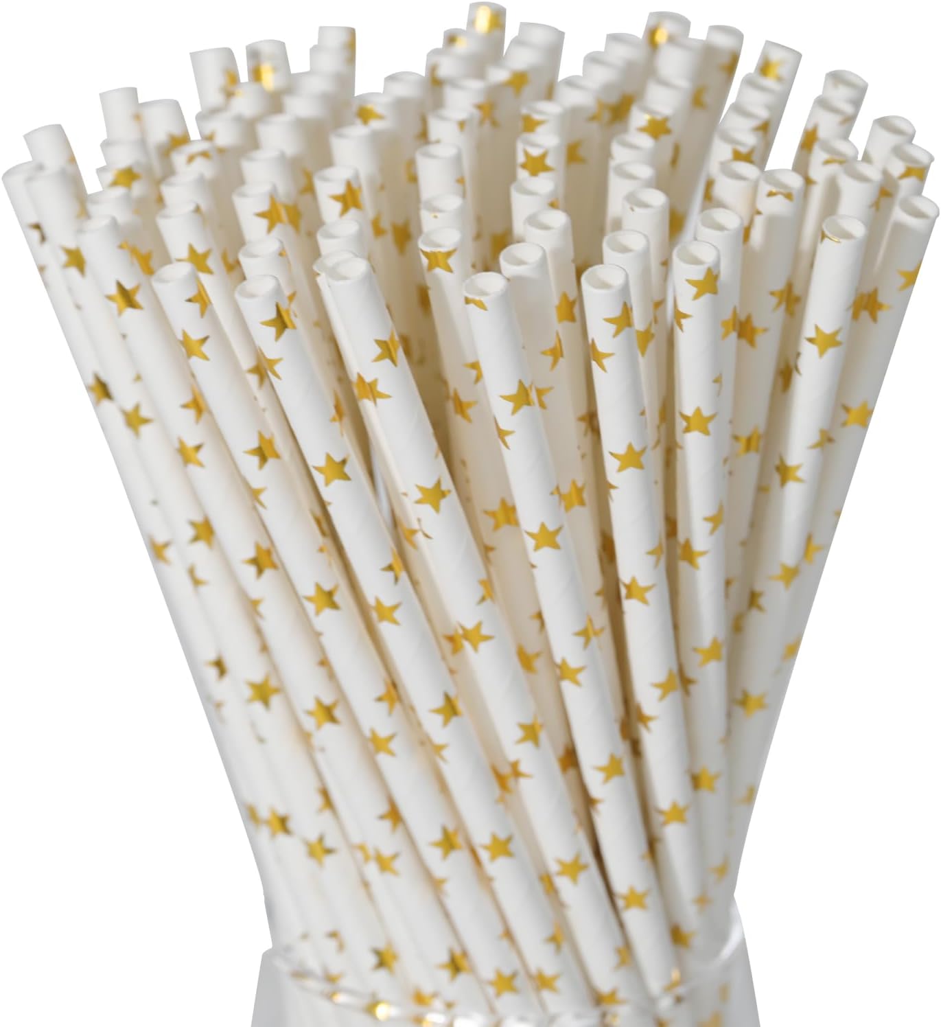 Paper Straws Disposable, Cocktail Metallic Gold Star Straws Drinking Biodegradable Straws for Holiday, Party, Wedding - 100 Count，7.75 Inch