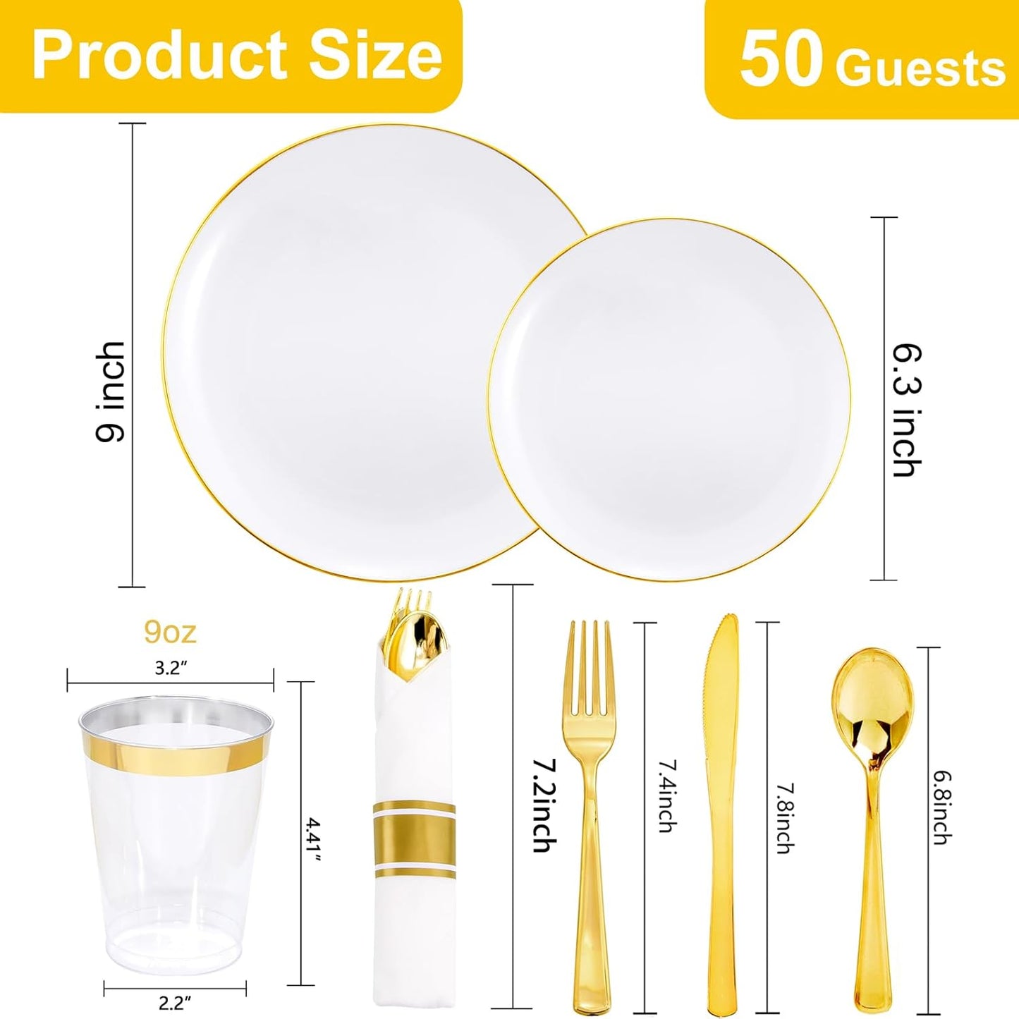 KIRE 350 PCS White and Gold Plates Disposable - Elegant Dinnerware Set of 50 Guest, White Plastic Plates With Gold Rim, Pre Rolled Napkins with Silverware & Cups for Thanksgiving Party/Wedding