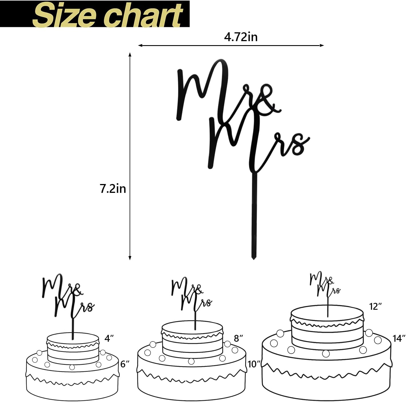 Mr & Mrs Black Acrylic Cake Topper, Bride and Groom Cake Topper Wedding Decoration(Design 02)