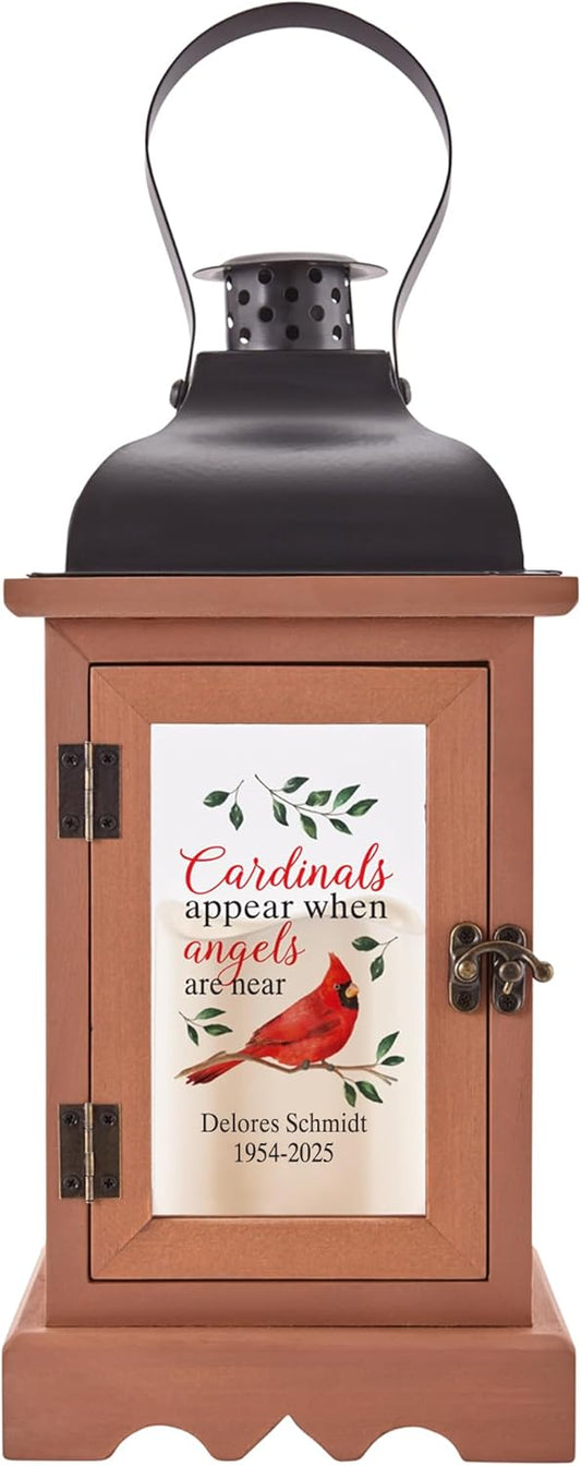 Let's Make Memories Personalized Memorial Lantern with LED Candle - Sympathy Gift - Condolences - in Memory - Automatic Timer - Wood/Metal - Cardinals Appear When Angels are Near