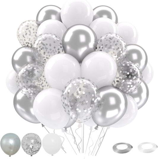 Patimate White and Silver Balloons Set, 50 pcs 12 inch Metallic Silver White Confetti Latex Balloons Kit for Birthday Wedding Anniversary Baby Shower Party Decorations