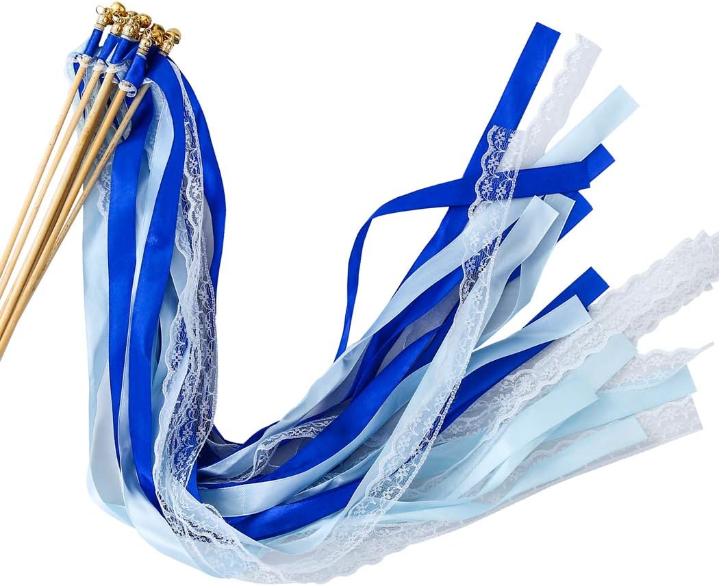 30pcs Lace Ribbon Stick Wands Christmas Birthday Party Streamers Wands Fairy Stick for Wedding Activities (Royal Blue+Lace)