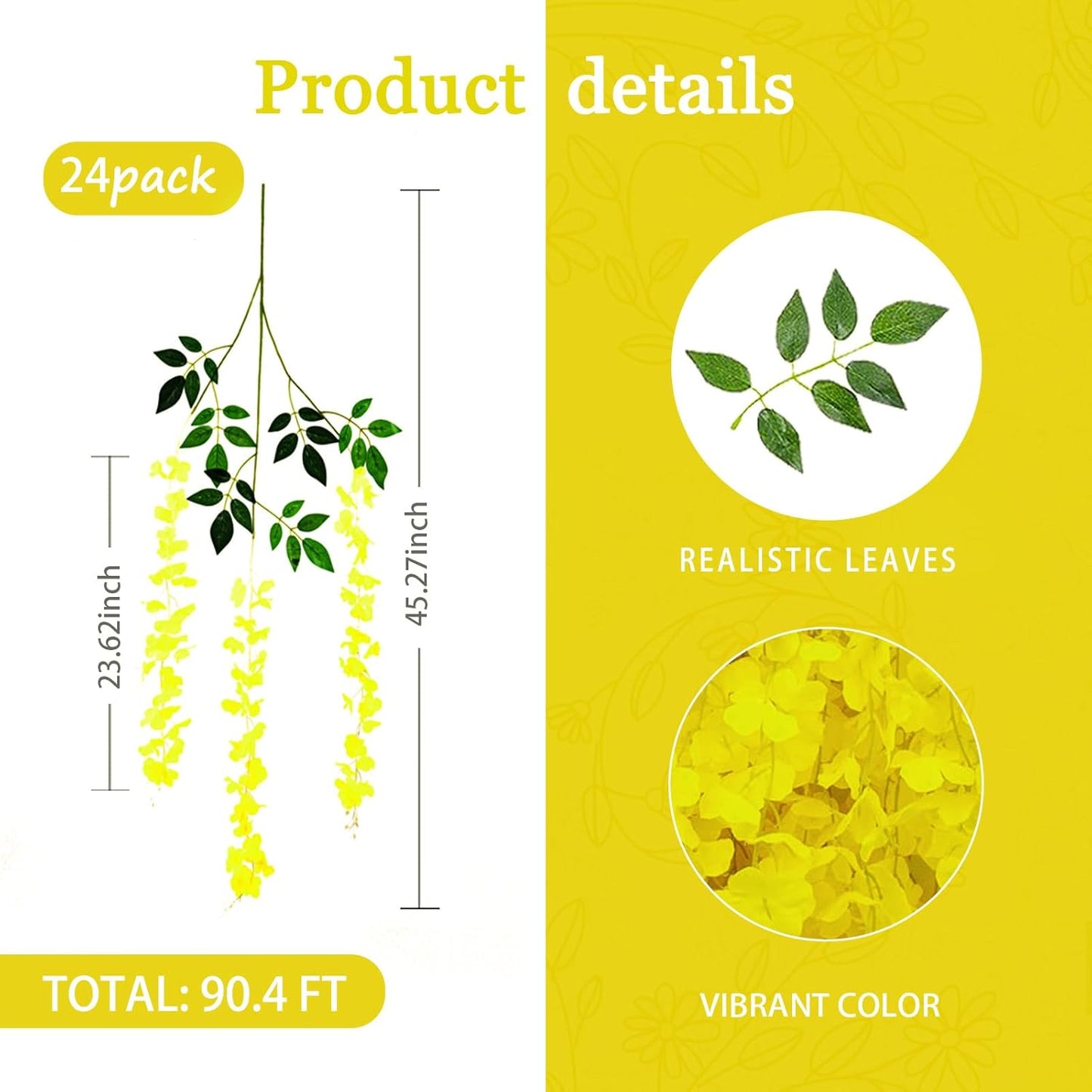 24 Pack Yellow Wisteria Hanging Flowers Garland, 3.77 Feet Artificial Flower Vines, Fake Wisteria, Artificial Vines Hanging Garland for Backdrop Outdoor Yard Garden Decor