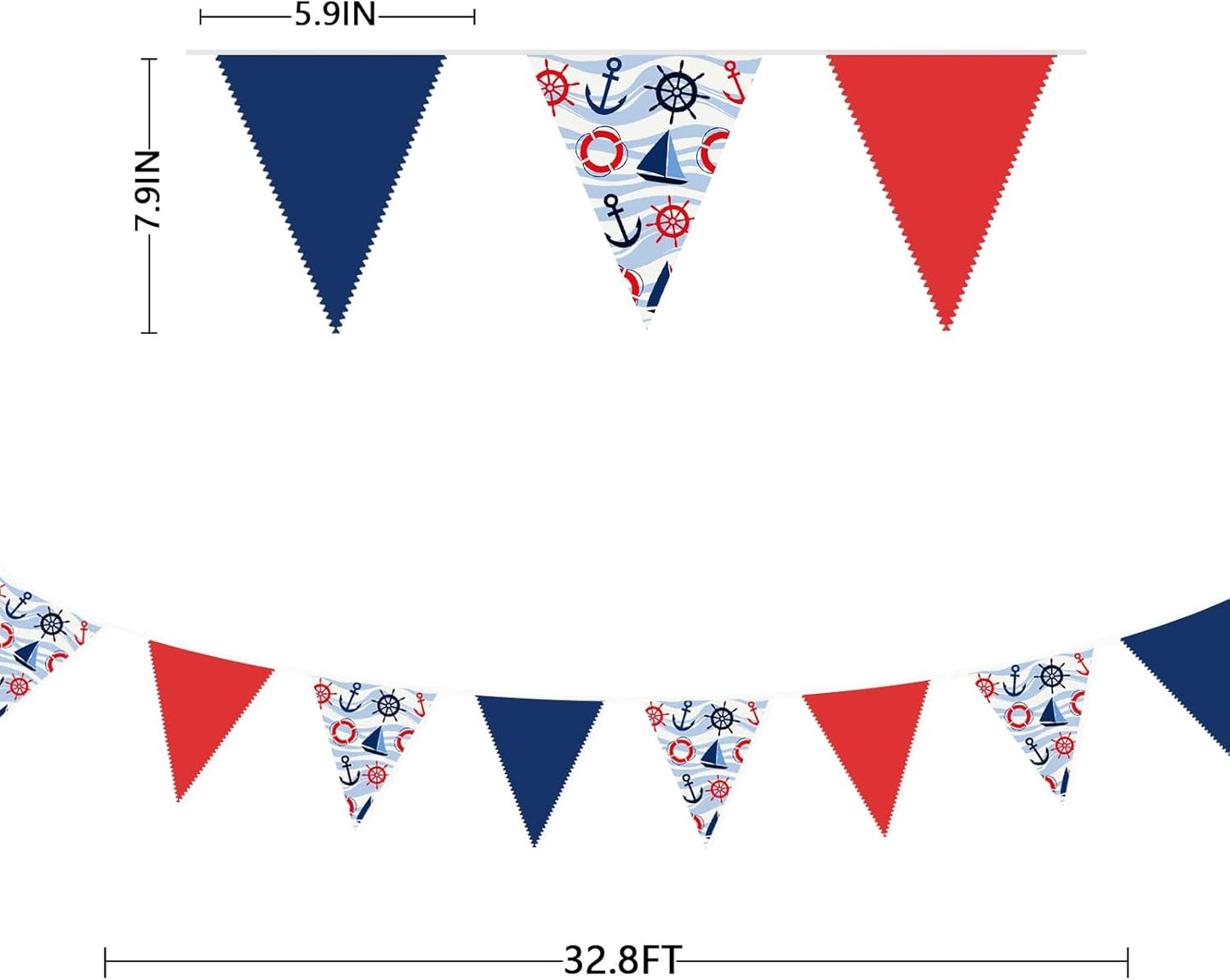 32Ft Nautical Party Decorations Red Blue White Nautical Themed Fabric Banner Triangle Pennant Flag Garland Streamers for Kids Boys Ocean Birthday Ahoy Achor Pirate Baby Shower Outdoor Garden Supplies