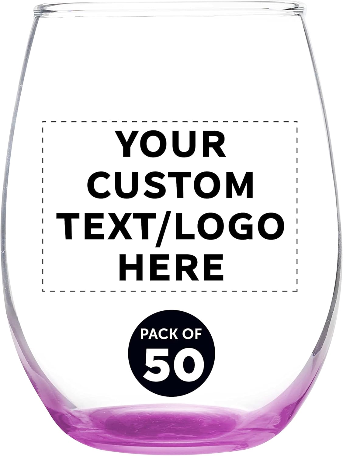 Custom Stemless Wine Glass 9 oz. Set of 50, Personalized Bulk Pack - Great for Wedding Favors, Bachelorette Party Decorations, Party Favors, Color Bottom - Pink