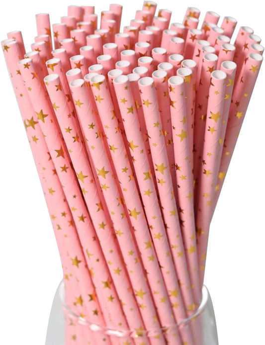 Disposable Paper Straws - Pink Gold Star Paper Straws for Party, Bridal Shower, Wedding, Bar Supplies, 100 Count