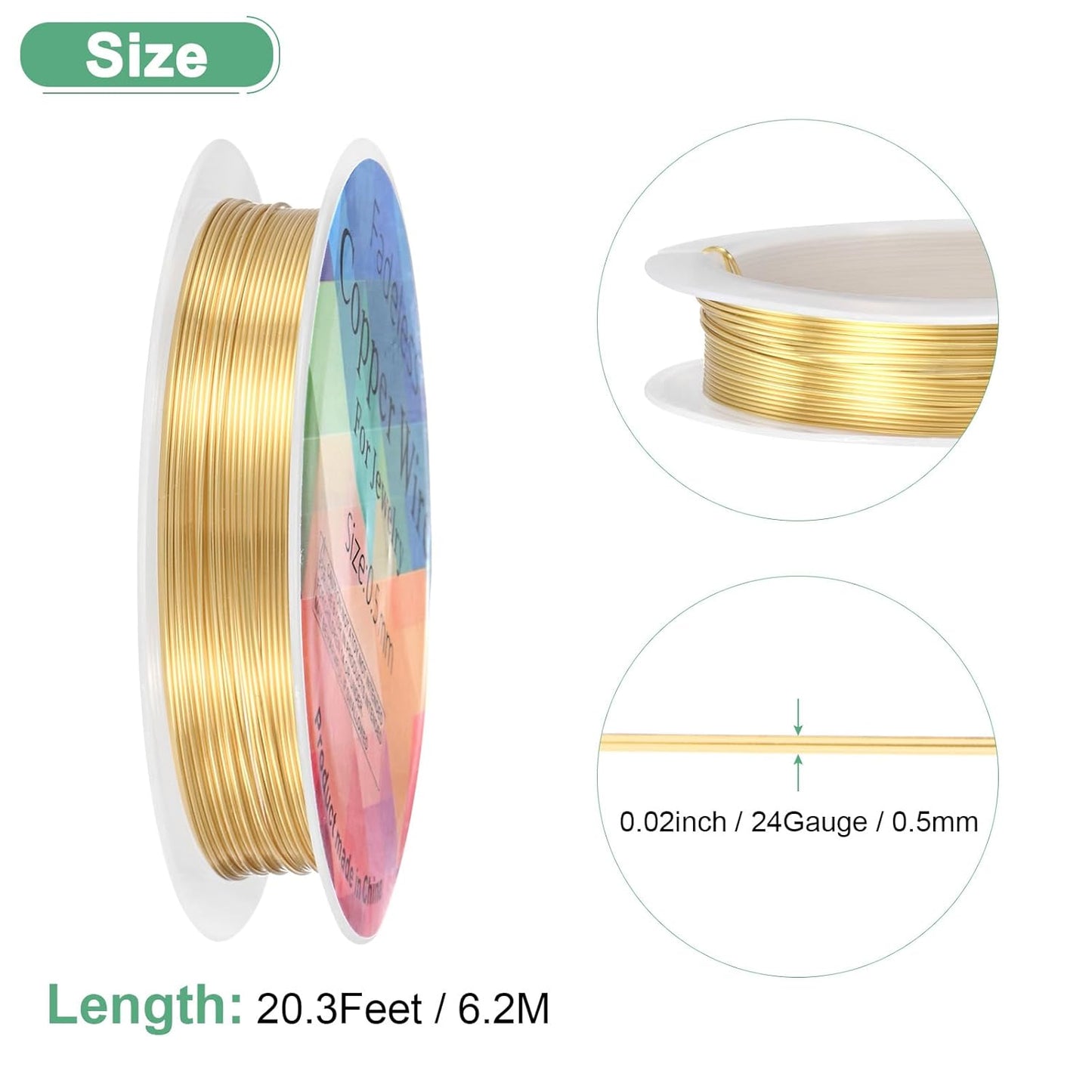 0.5 mm/24 Gauge Copper Wire for Jewelry Making, 20.3FT Copper Beading Craft Wire for Jewelry/Weaving/DIY Crafting/Planting, Color-Retaining [6.2M, KC-Gold]