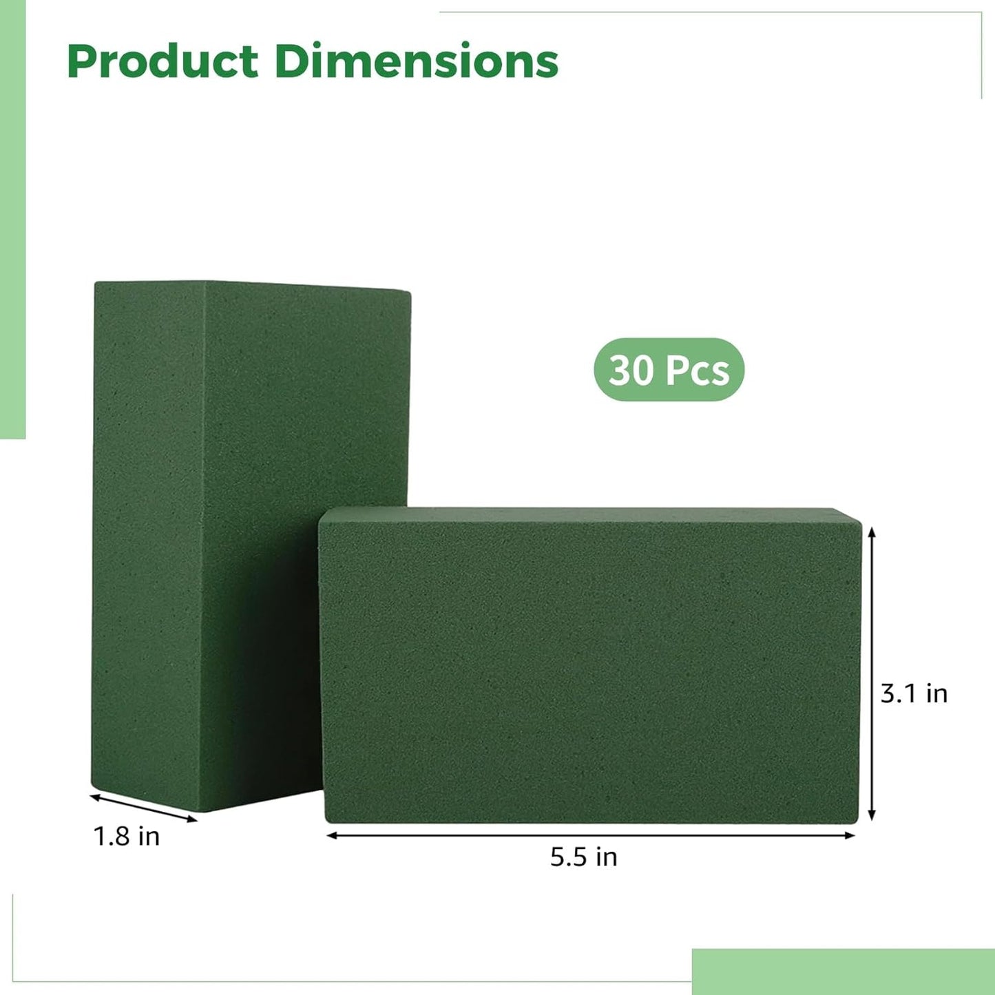 30 PCS Floral Foam Blocks, Green Flower Foam Bricks for Fresh & Artificial Flowers, Wet and Dry Florist Foam for Arrangements, Crafts, Bouquets, DIY Centerpieces, 5.5 x 3.1 x 1.8 in
