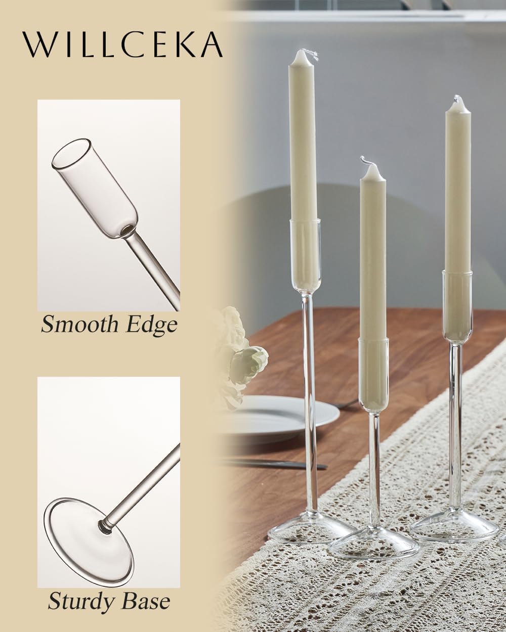 Candle Holder, Glass Taper Candle Tall Candlestick Holder, 3 Different Heights, for Table Centerpiece, Wedding, Party, Clear, 6pcs