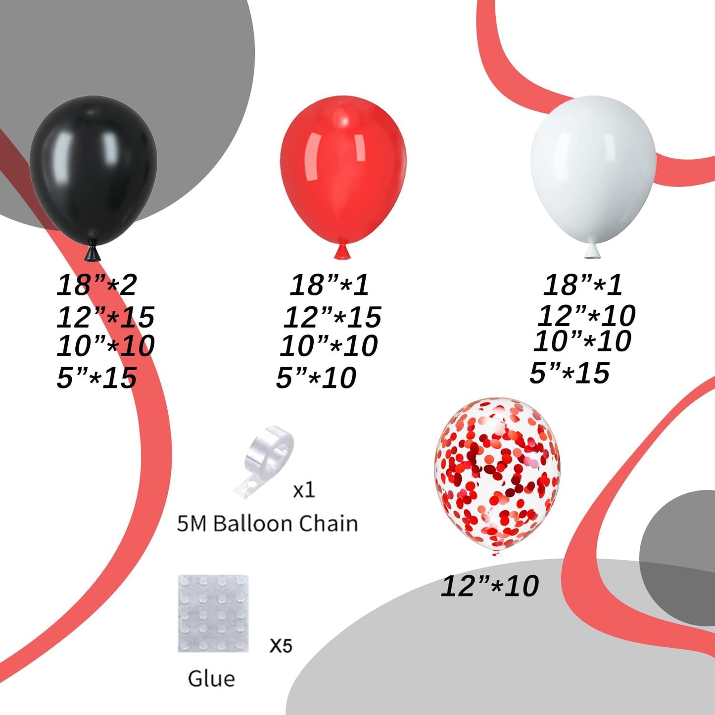 Red White Black Balloons Arch Kit, 124pcs Black White Red Confetti Balloons with 16ft Tape Strip & Dot Glue for Graduation Birthday Baby Shower Wedding Party Decorations