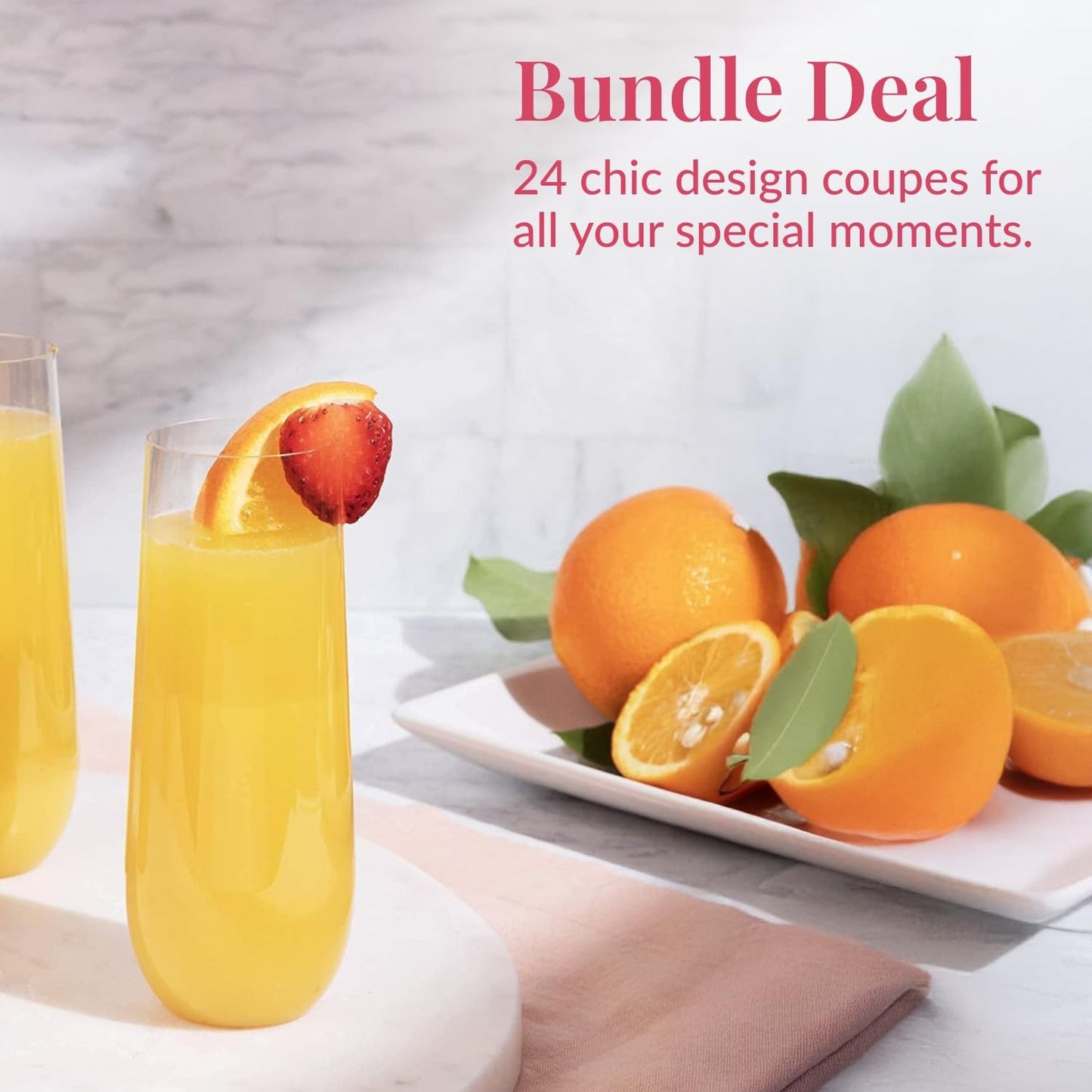 Prestee 24 Plastic Champagne Flutes - 9oz Heavy Duty Stemless Champagne Glasses for Parties - Disposable Clear Plastic Toasting Glasses, Mimosa Glass for New Year’s Eve Party Supplies