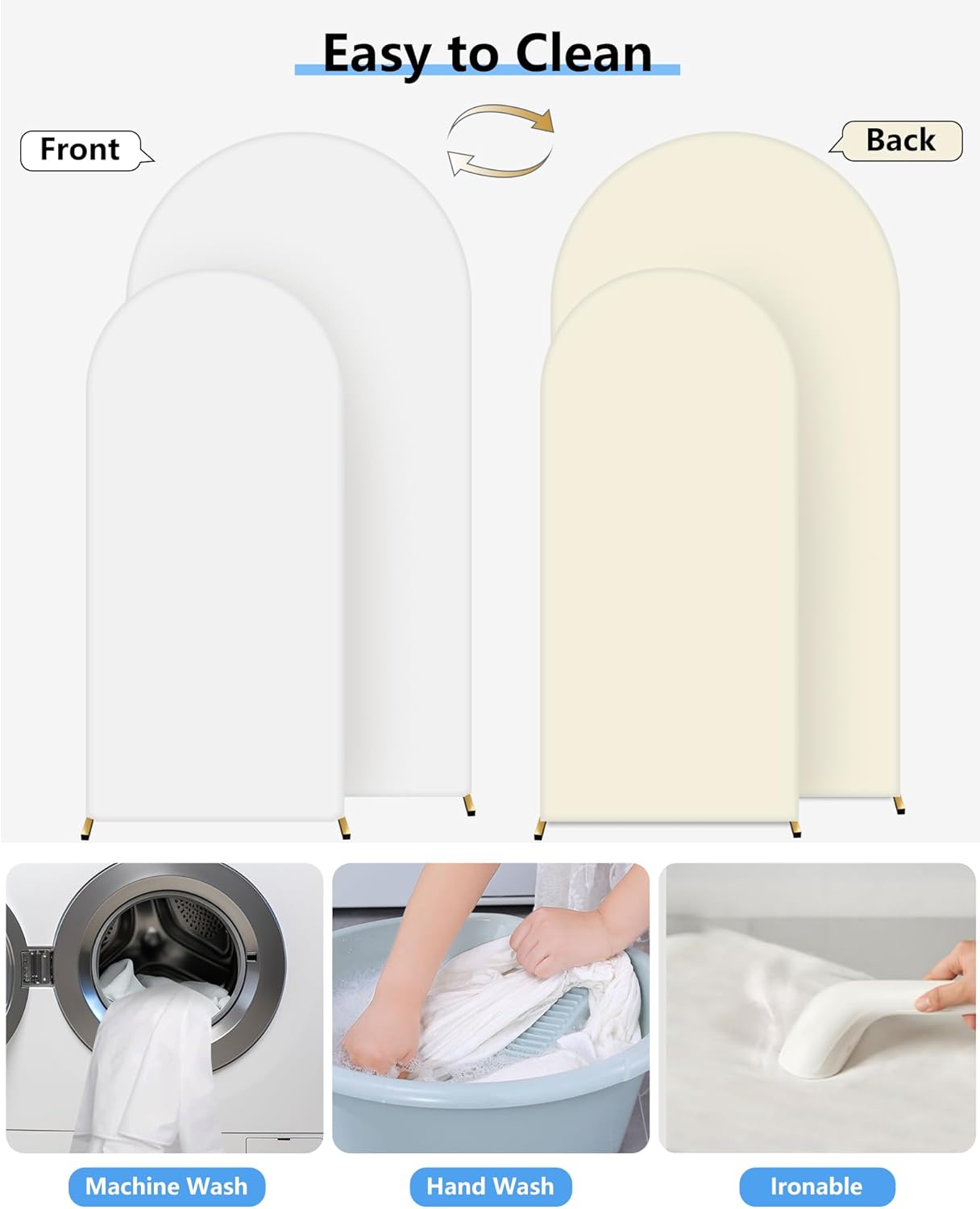 HEMMOTOP White and Light Beige Arch Backdrop Cover 7.2 ft, 6ft, Wedding Arch Covers Stretchy Backdrop 2 Set, Double Color Spandex Arched Background for Birthday Party, Baby Shower