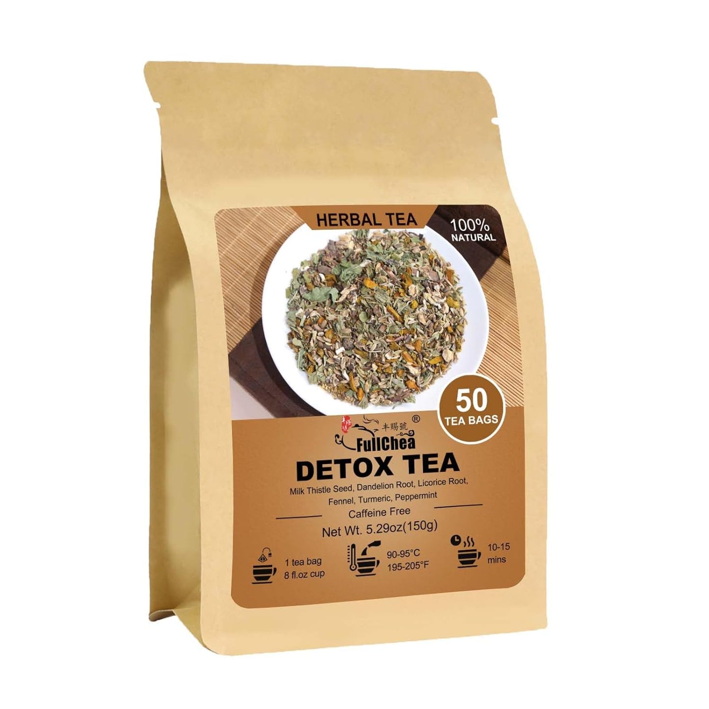 FullChea - Detox Tea Bags, 50 Teabags Liver Detox Tea, With Milk Thistle Seed, Dandelion Root, Licorice Root, Fennel, Turmeric, Peppermint - Liver Cleansing and Support