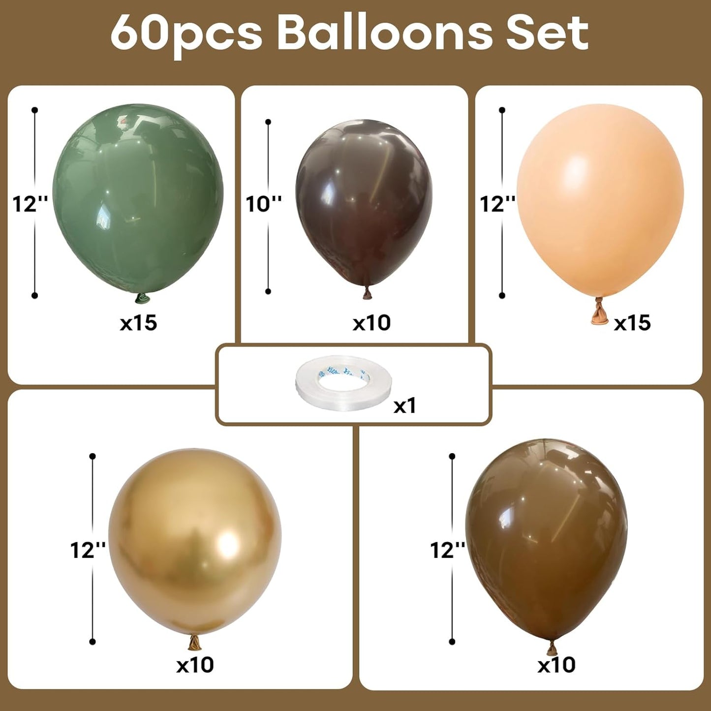 60 PCS Sage Green, Gold, Brown Latex Balloons - Woodland Camo Army Olive Green, Dark Brown, Coffee Nude Gold Party Balloons for Jungle Safari Woodland Hunting Birthday Decorations